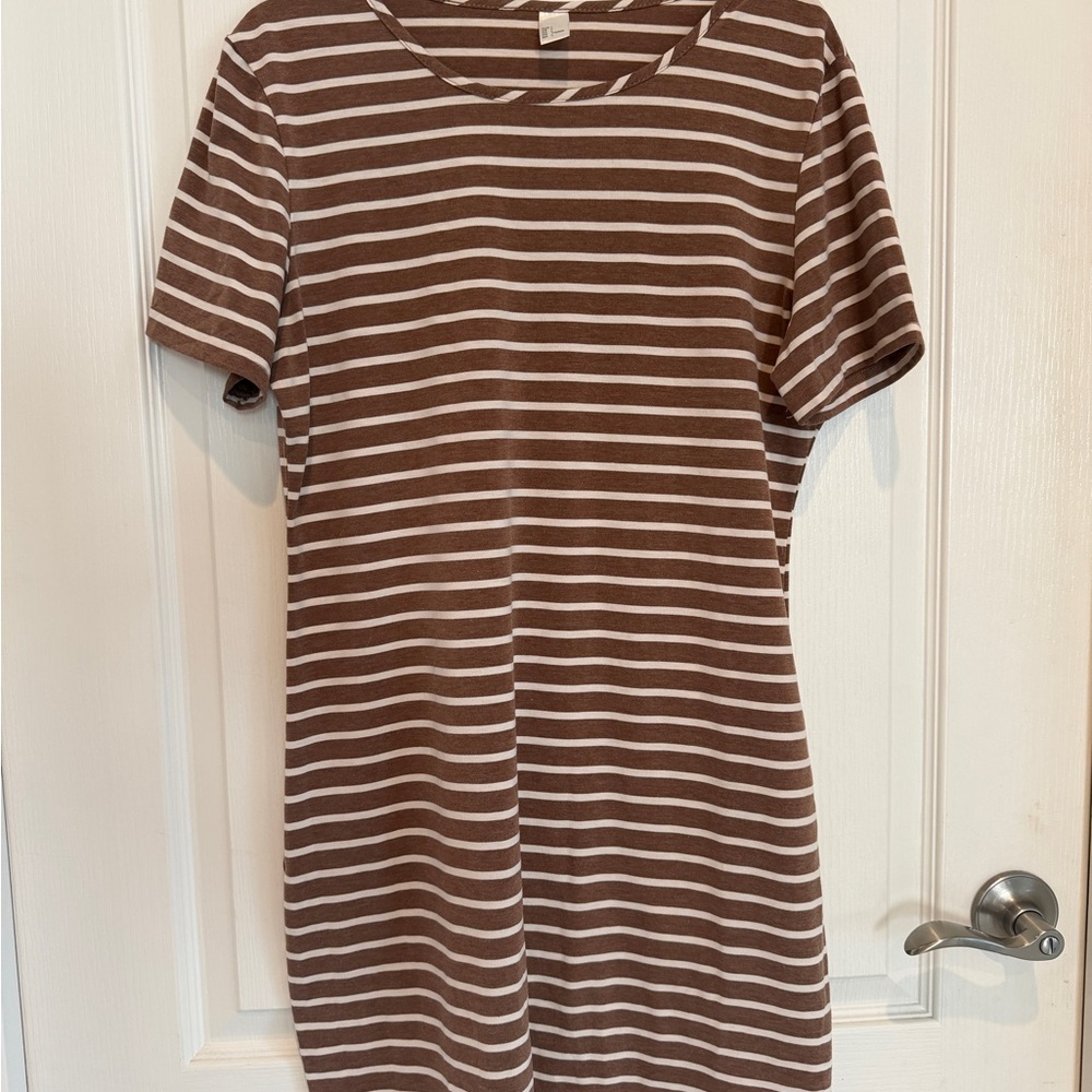 H&M Brown and White Striped Midi Shirt Dress